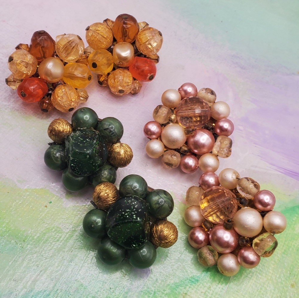 Vintage 40s 50s Earrings Set Of 3 Clip On West Germany Japan Beaded Cluster